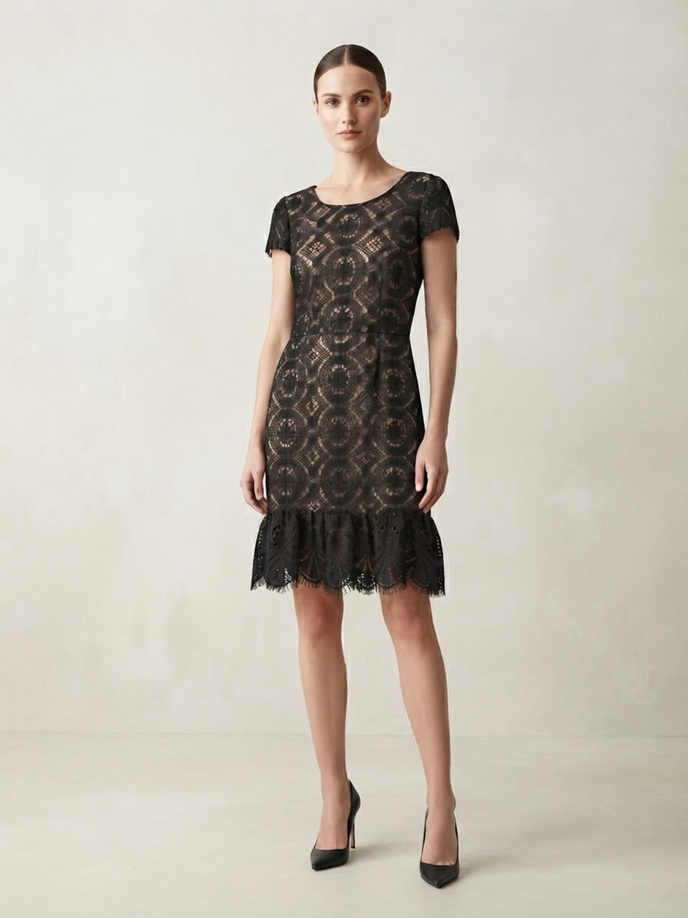 Betsey Johnson Black Lace Midi Dress with Scalloped Hem